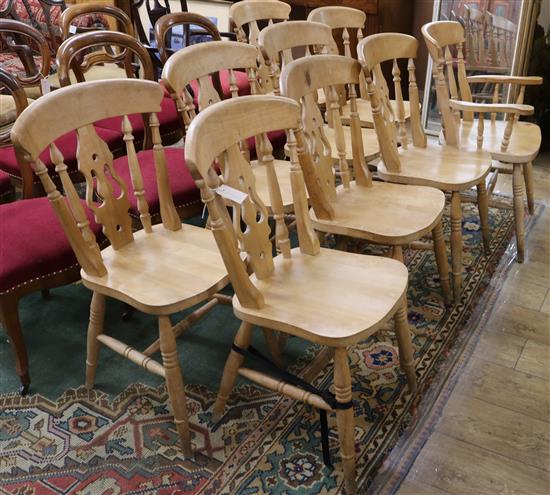 Eight elm and beech dining chairs and a similar kitchen elbow chair